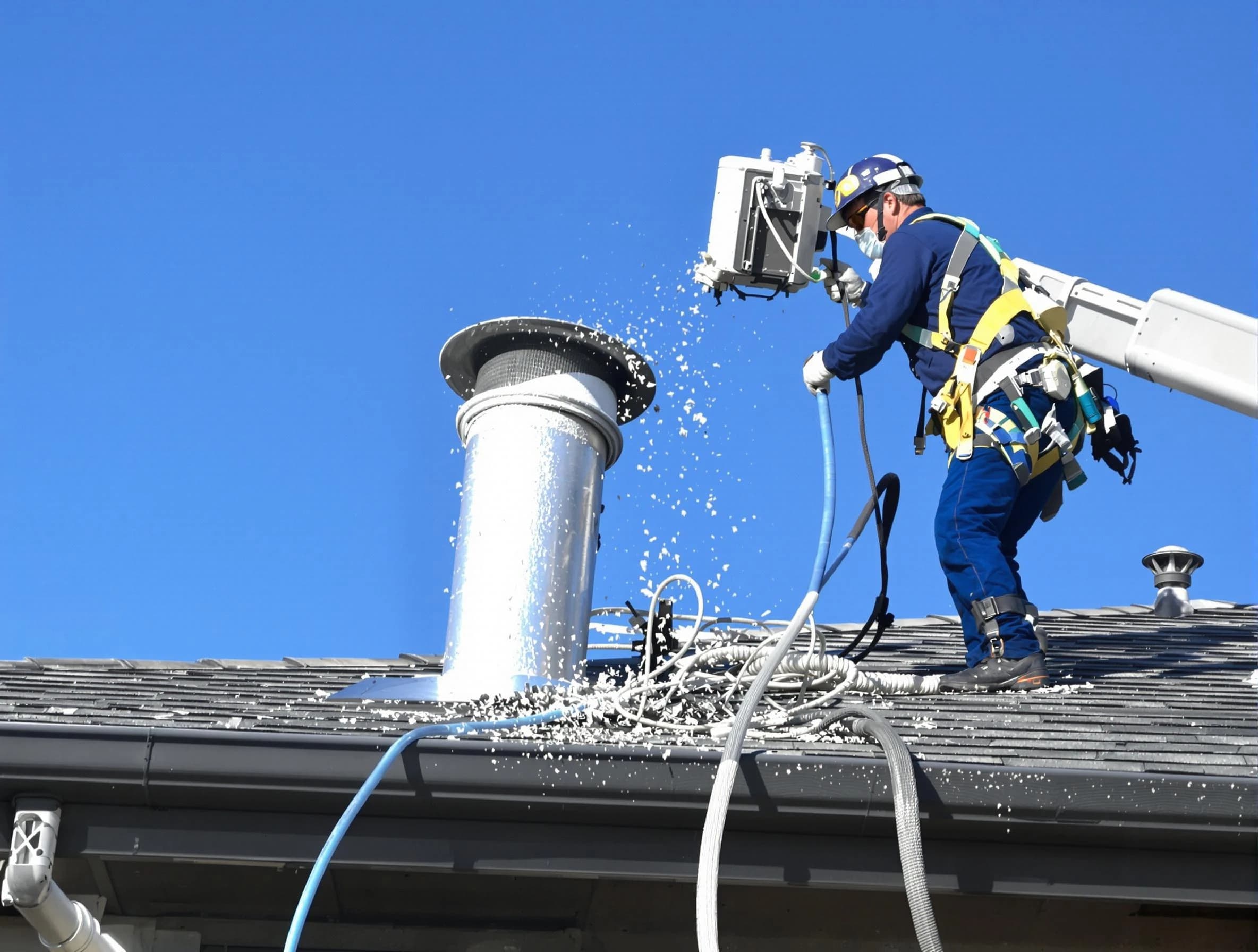 Andover Dryer Vent Cleaning certified technician safely cleaning a roof-mounted dryer vent in Andover
