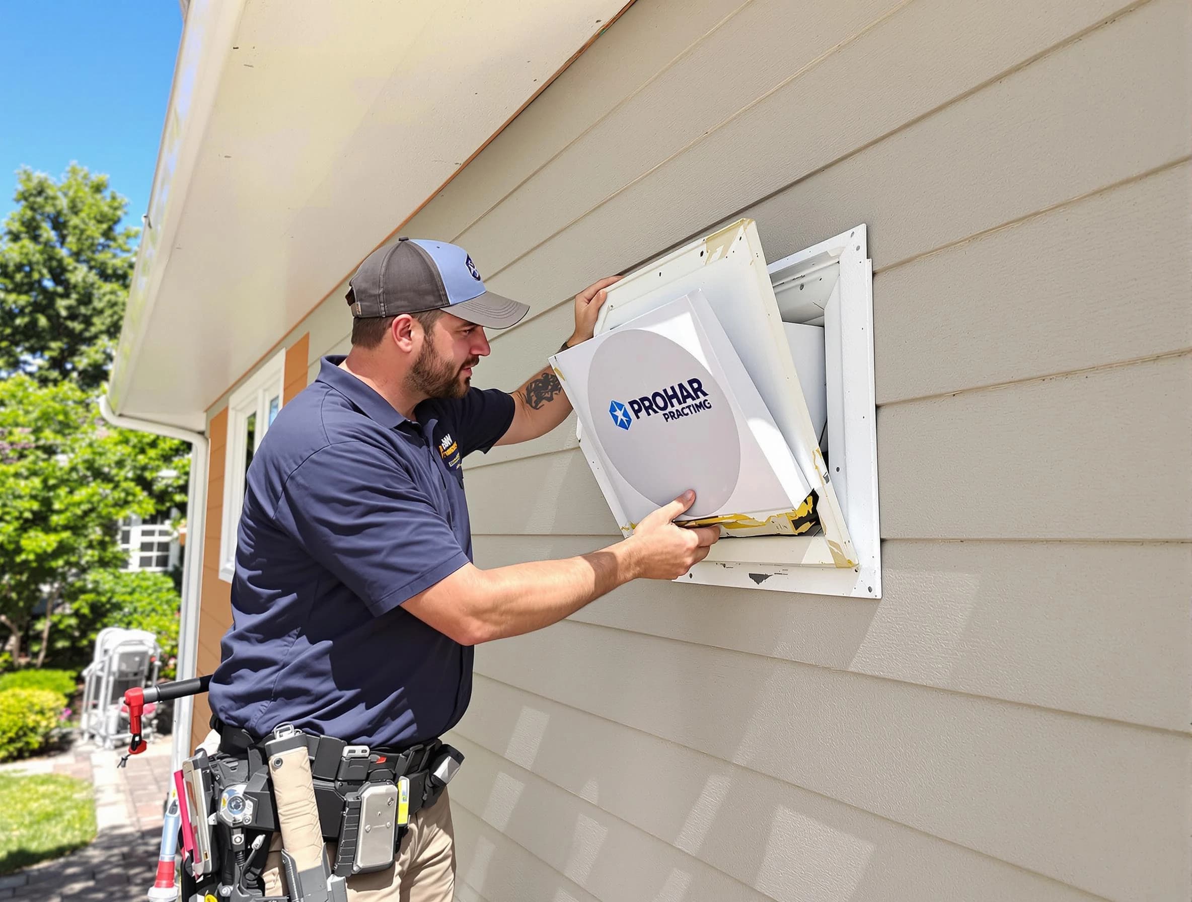 Andover Dryer Vent Cleaning technician installing a new protective dryer vent cover on a home in Andover