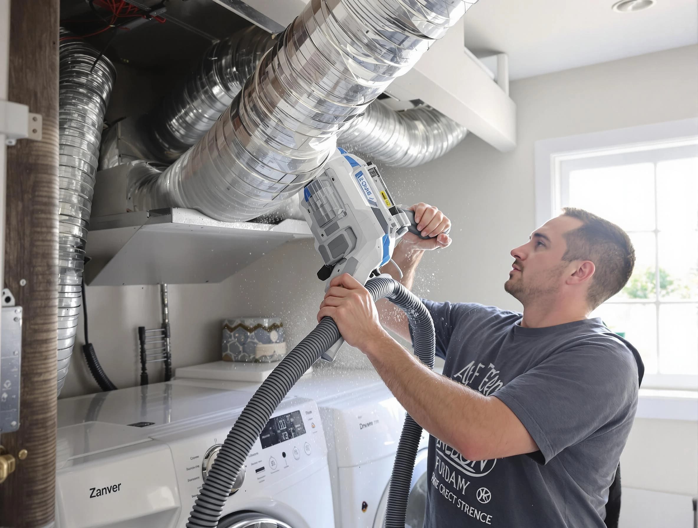 Andover Dryer Vent Cleaning specialist cleaning deep within a dryer vent duct system in Andover
