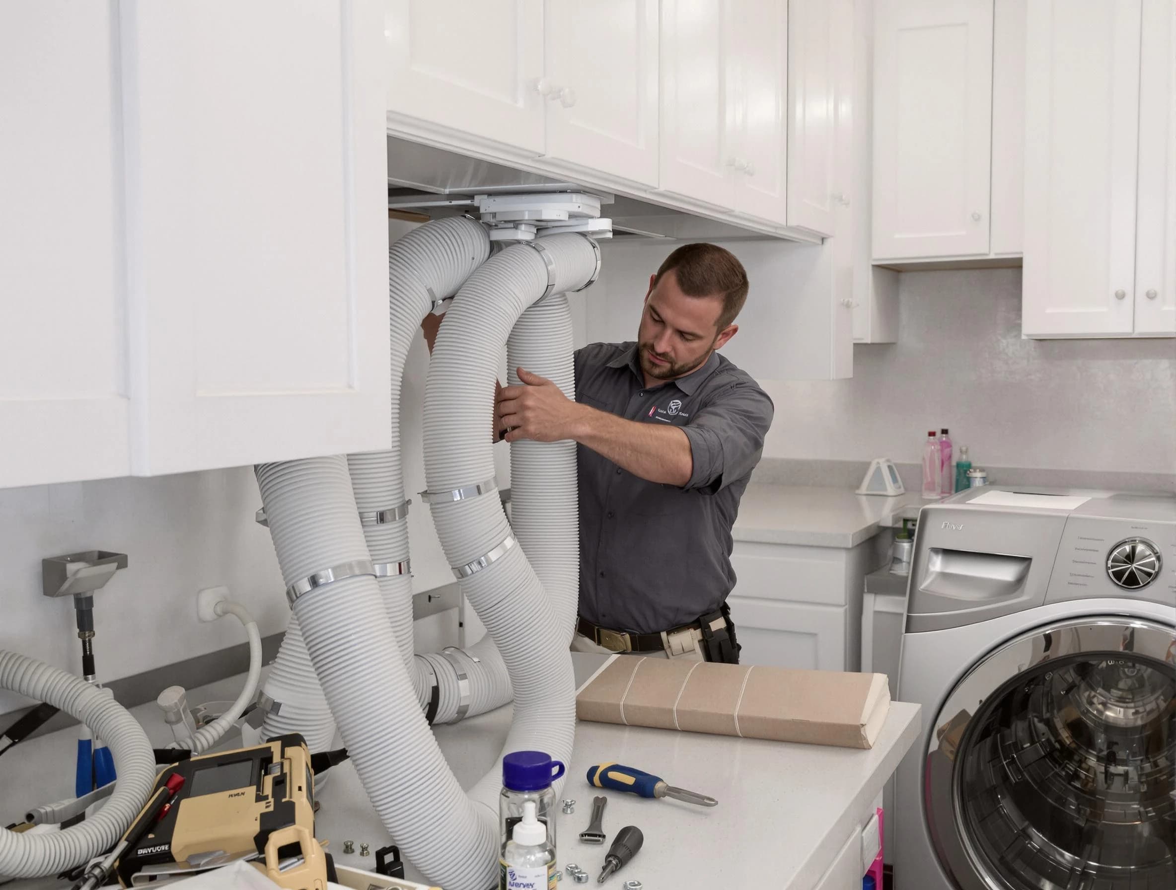 Andover Dryer Vent Cleaning technician installing a new professional-grade dryer vent hose in Andover